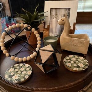 Geometric Wooden Decor Set with Floral Coasters
